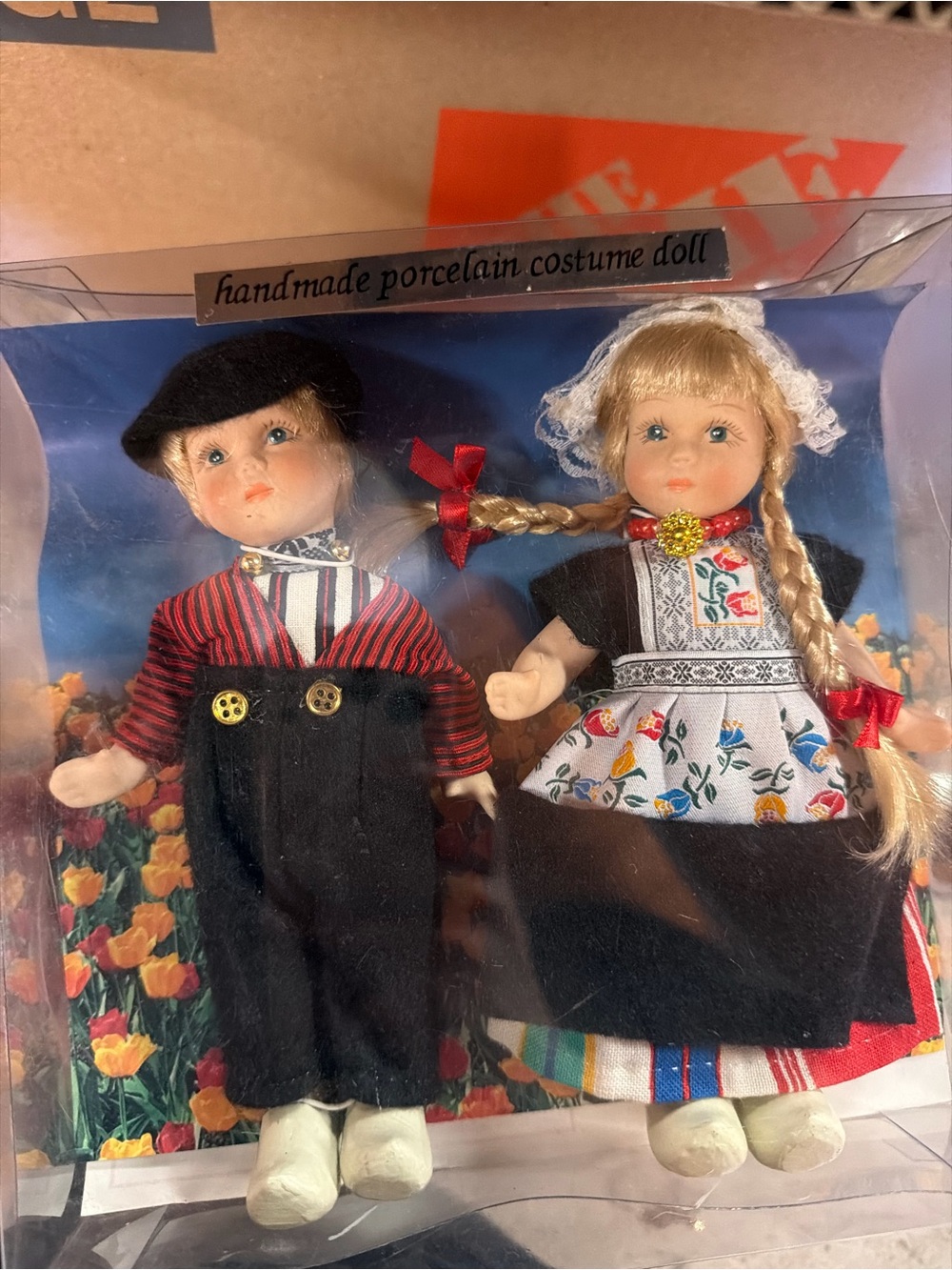 Handmade Dutch Porcelain Souvenir Doll Set - Traditional Black & Red Outfit